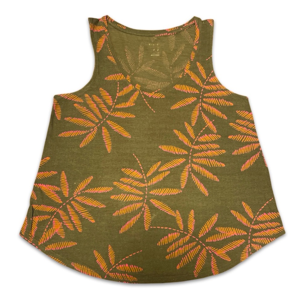 Vintage Cotton neon pink orange tropical leaves Olive Green tank Top medium